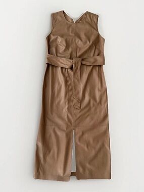 Calvin Klein Faux Leather Sleeveless Midi Jumpsuit in Camel